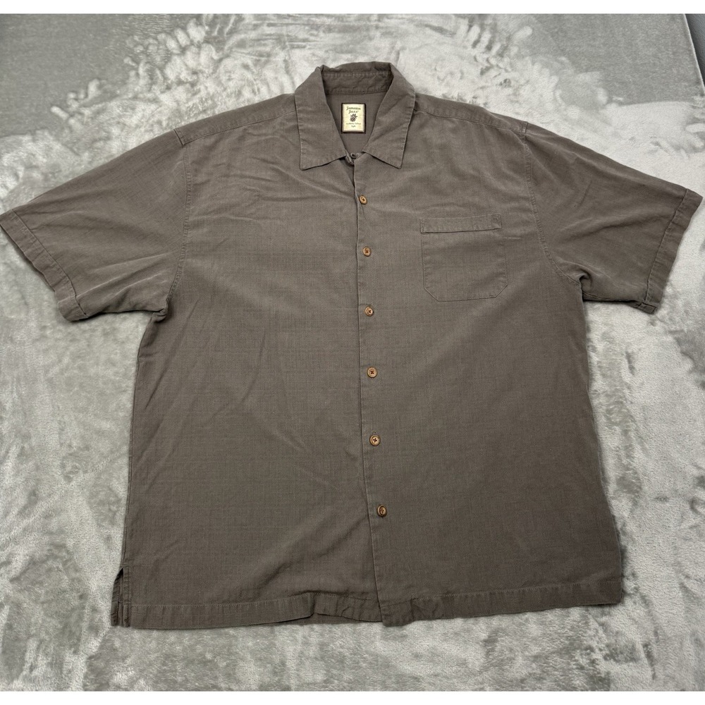 Jamaica Jaxx Shirt Mens XL Gray 100% Silk Button Down Hawaiian Beach Island Surf